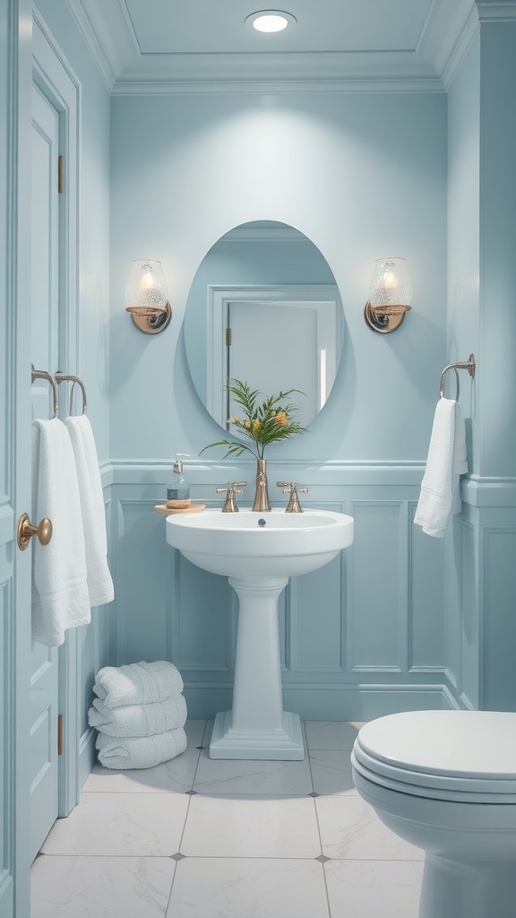 A serene bathroom painted in powder blue with elegant fixtures and decor.