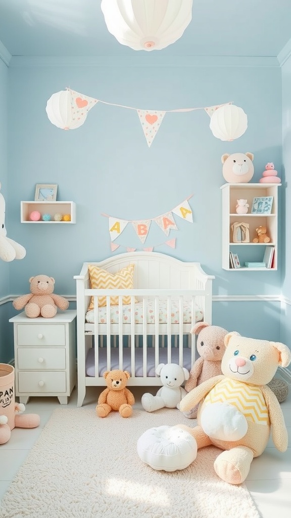 A nursery with powdered blue walls, a white crib, and various plush toys.