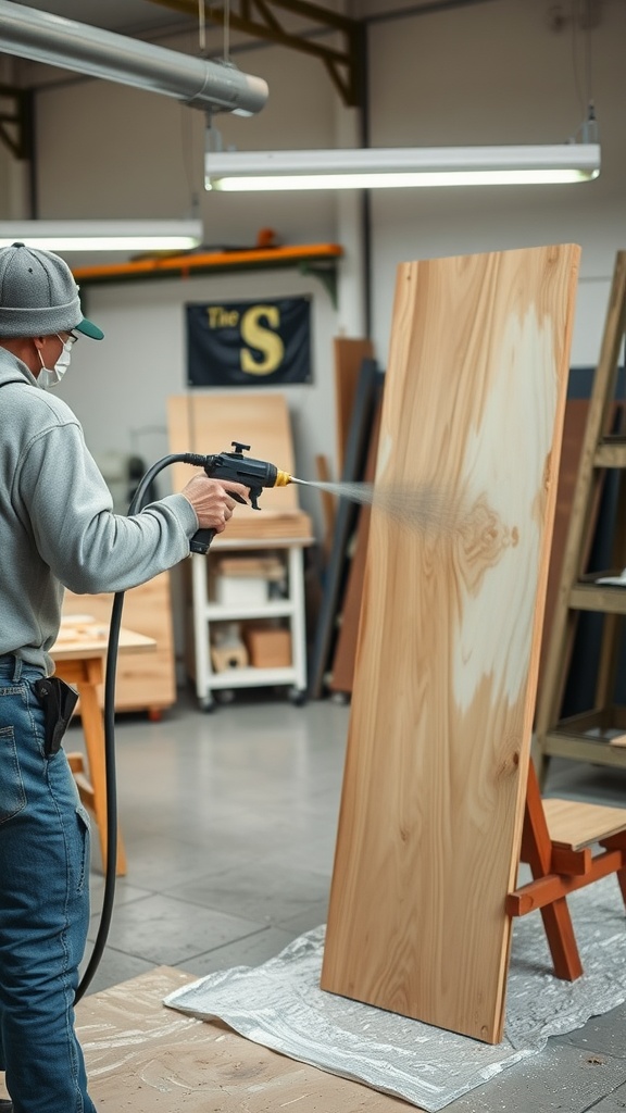 A person using a paint sprayer to practice on a piece of wood in a workshop.