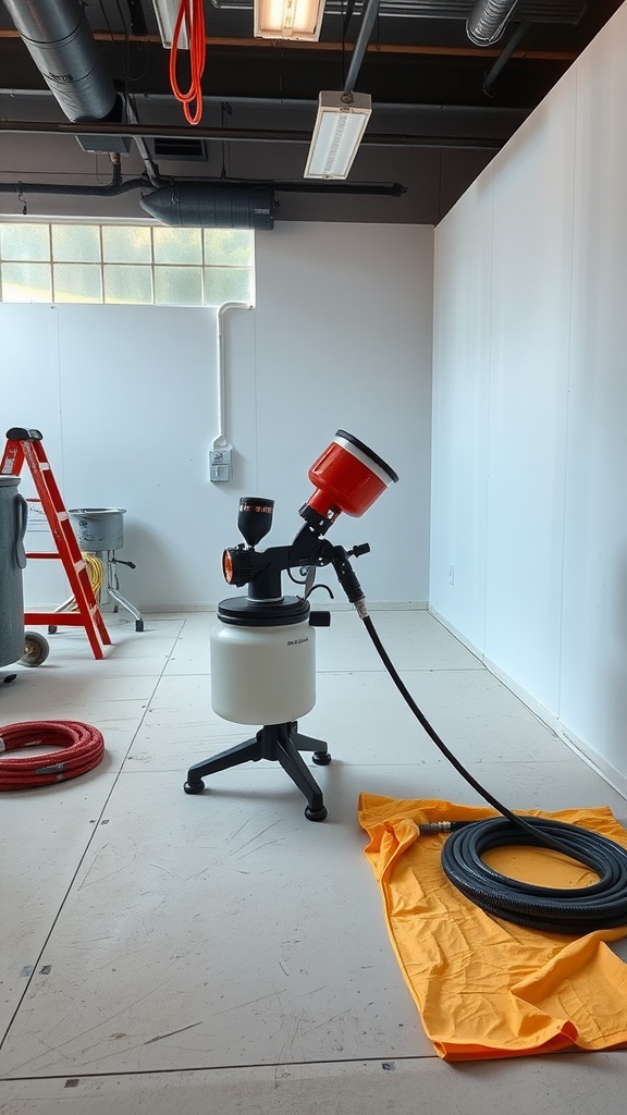 A clean workspace with a paint sprayer setup, including an orange tarp on the floor and tools in the background.