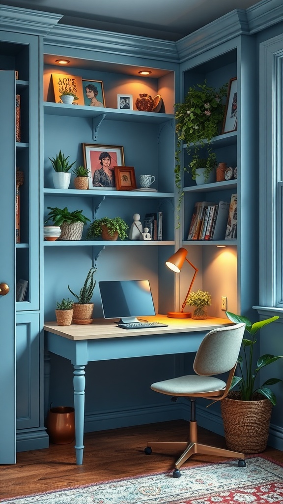 A cozy blue built-in desk area with shelves, plants, and warm lighting.