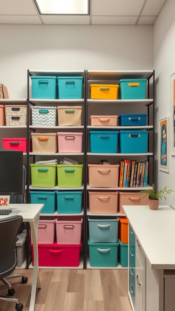 Colorful storage bins on shelves in a small home office