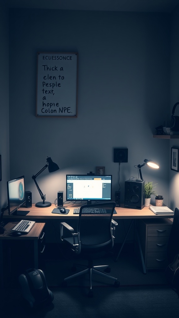 A modern home office setup with dual monitors, an ergonomic chair, and warm lighting, creating a cozy work environment.