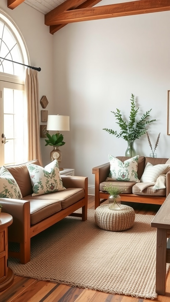 A cozy rustic farmhouse living room featuring floral-patterned pillows, natural wood furniture, and a woven rug.