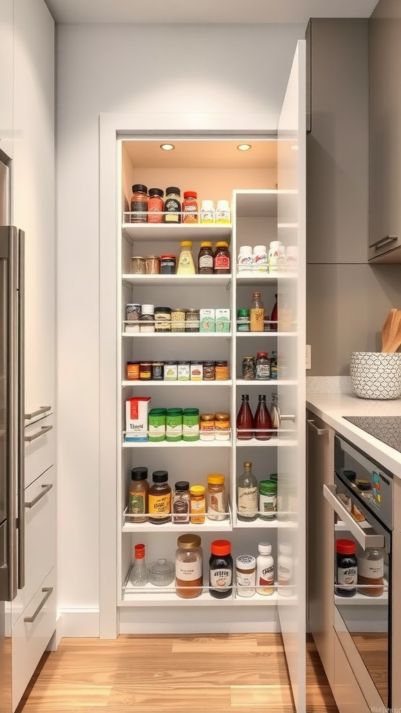 Image of a pull-out pantry in a narrow cabinet space, displaying organized spices and condiments.