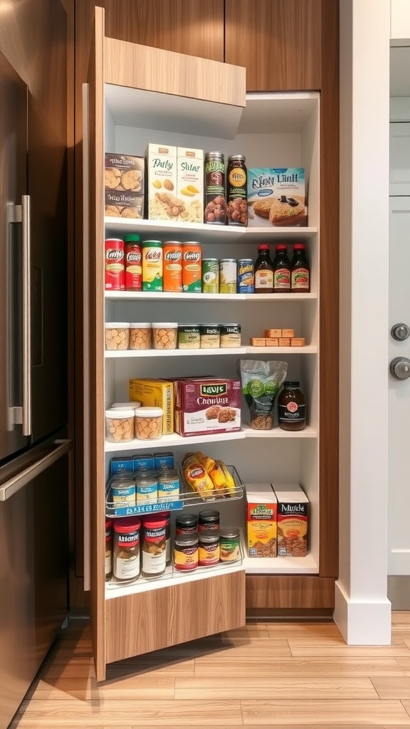 A modern pull-out pantry with various food items neatly organized on shelves.