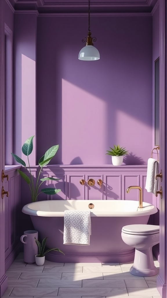 A lavender bathroom featuring a white bathtub, gold fixtures, and green plants.