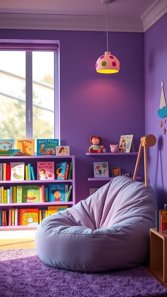 Cozy purple reading nook with a bean bag chair, colorful bookshelves, and playful lighting.