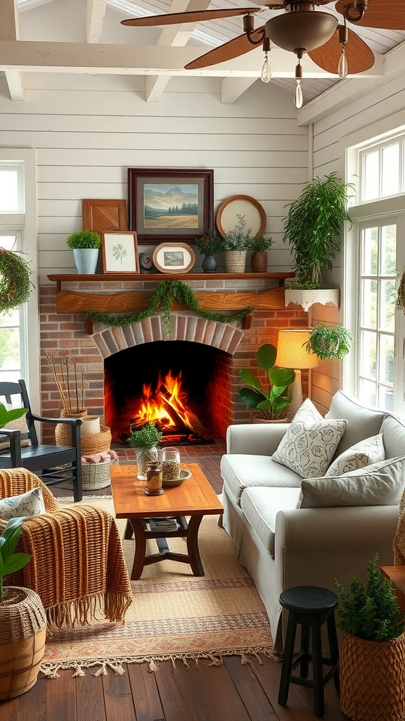 Cozy rustic farmhouse living room with a fireplace and natural decor.