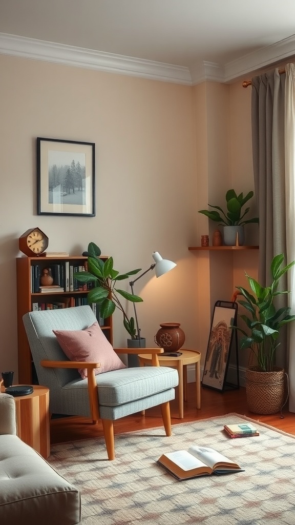 A cozy reading corner featuring a comfortable armchair, soft pillow, side table with books and coffee, surrounded by plants and warm lighting.