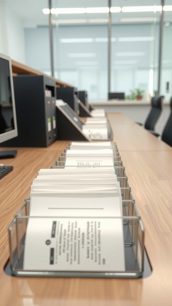 Office desk featuring clear document holders with organized papers