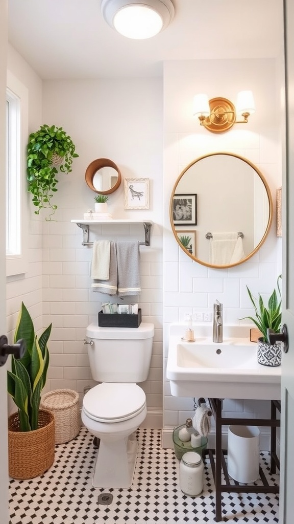 A stylish bathroom with plants, round mirror, and modern fixtures