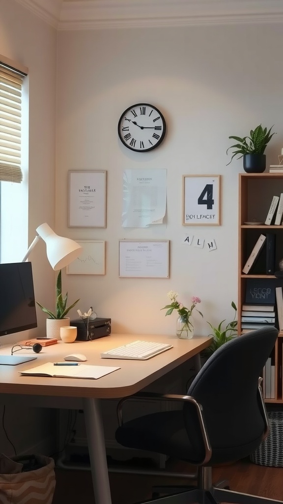A calming and organized creative workspace with a desk, computer, plants, and minimal decor.