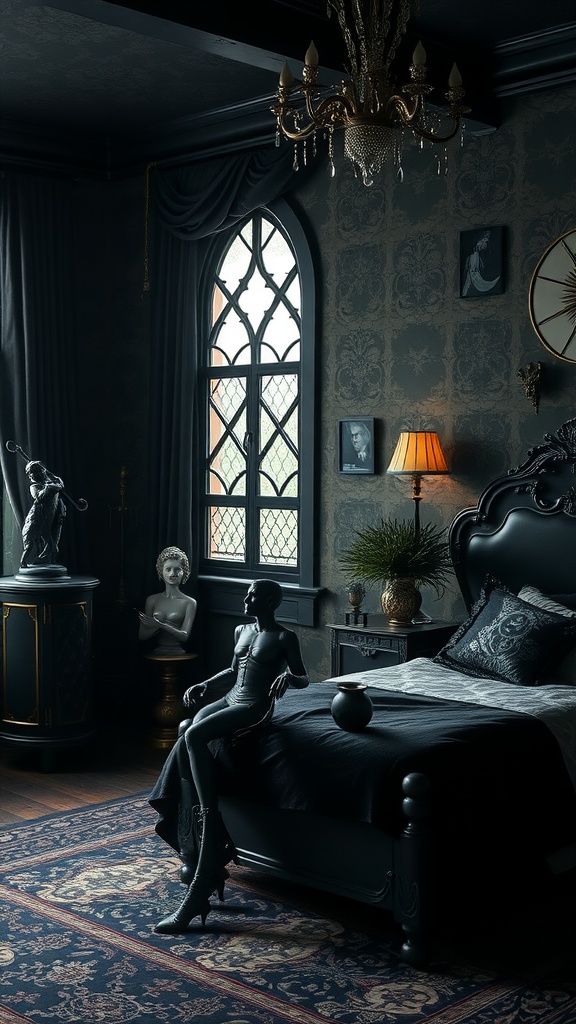 A darkly elegant bedroom featuring a mannequin and vintage decor elements.