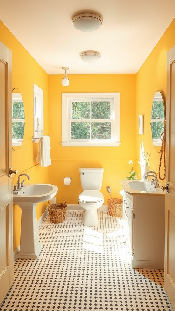 A bright yellow bathroom with white fixtures and black and white patterned flooring, featuring natural light and decorative accents.