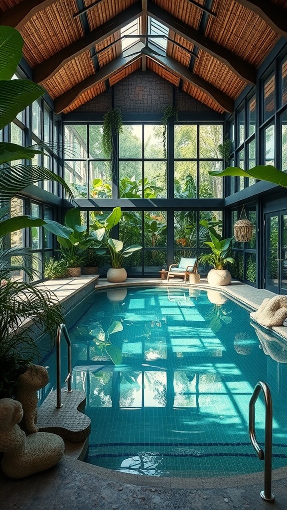Indoor pool surrounded by lush greenery and large windows, creating a rainforest-inspired atmosphere.