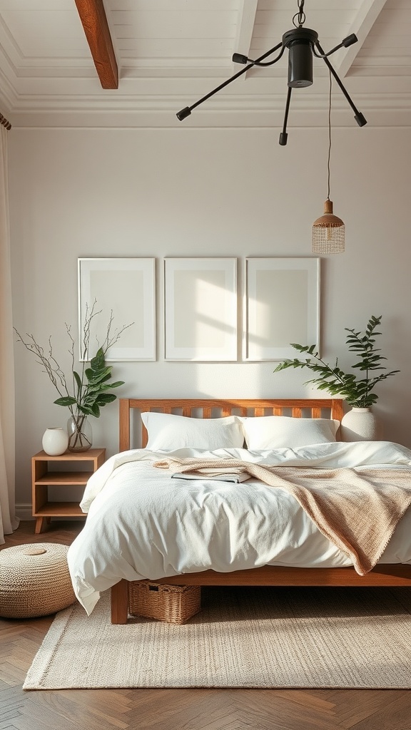 A serene bedroom featuring soft colors and natural elements, showcasing the Sherwin Williams paint color Rainwashed.