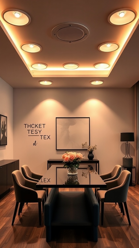 A modern dining room with randomly placed recessed lighting on the ceiling, featuring a stylish dining table and chairs.