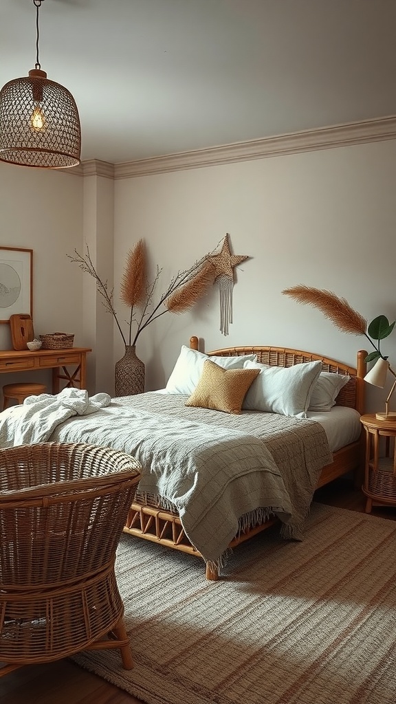 A cozy bedroom featuring rattan and wicker furniture, showcasing a rattan bed, a wicker chair, and natural decor elements.