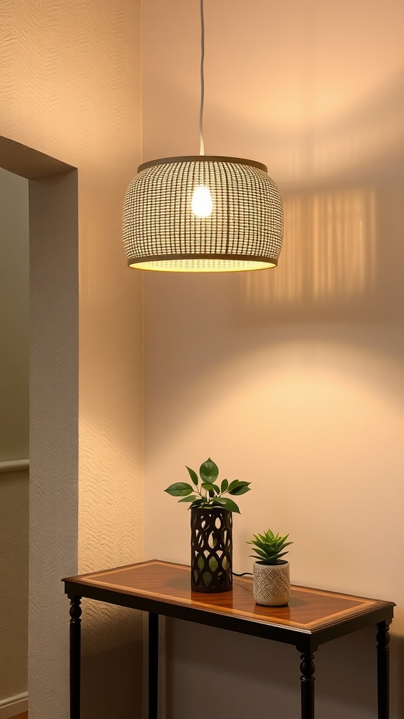A rattan drum shade lamp illuminating an entrance hall with plants on a console table