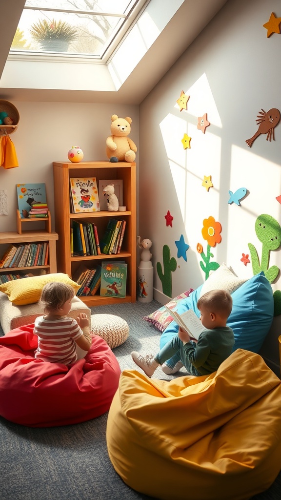 A bright and cozy reading nook for young children with colorful bean bags, a bookshelf full of books, and playful decor.