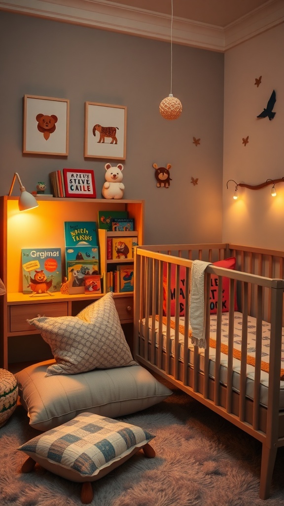 A cozy reading area next to a crib, featuring colorful books, soft cushions, and warm lighting.