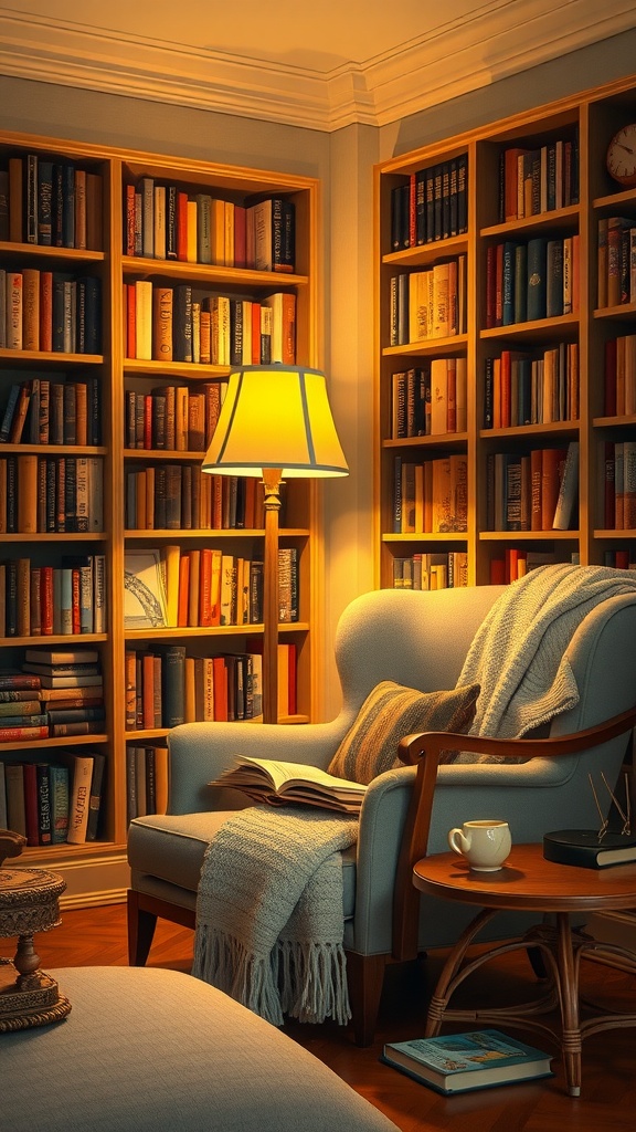 Cozy reading nook with a lamp, bookshelves, and a comfortable chair