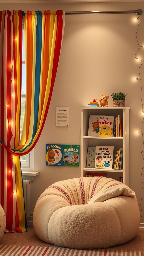 A colorful reading nook with striped curtains, a cozy bean bag chair, and a bookshelf filled with children's books.