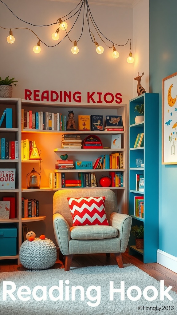 Cozy reading nook with a small stylish chair, colorful bookshelf, and warm lighting.