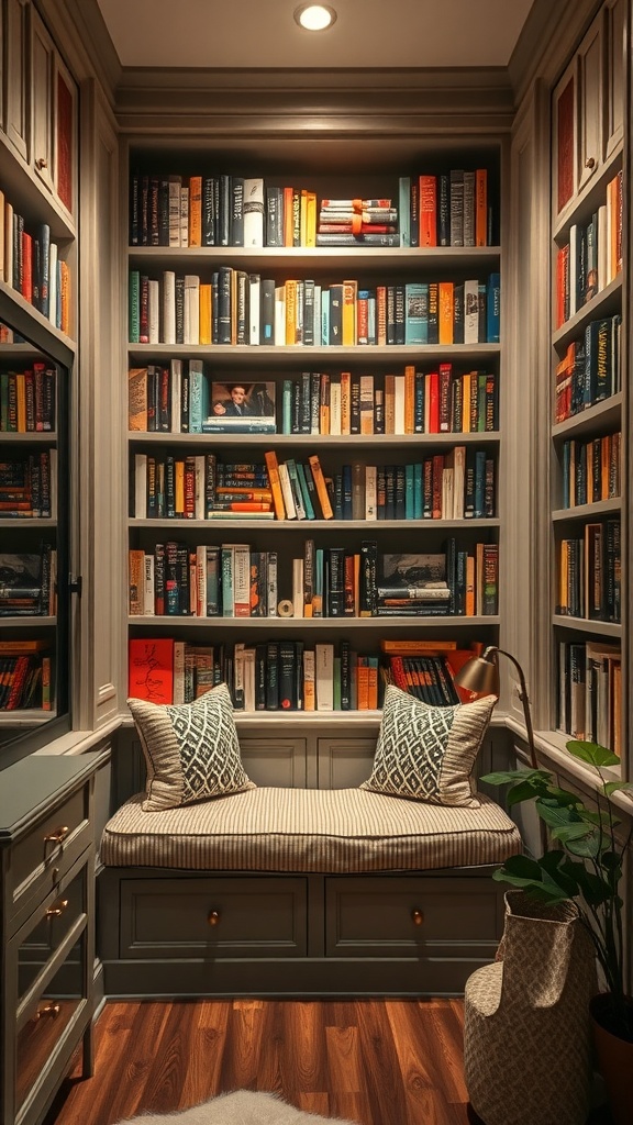 Cozy reading nook with built-in bookcases filled with colorful books, a cushioned bench, and a small plant.