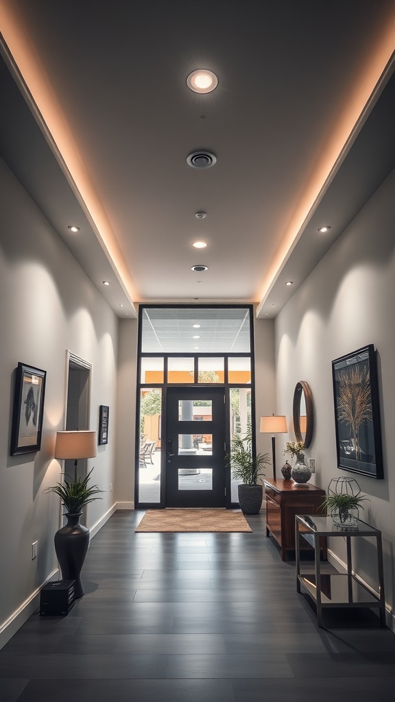A modern foyer featuring recessed can lighting, with walls adorned with artwork, a wooden console table, and plants