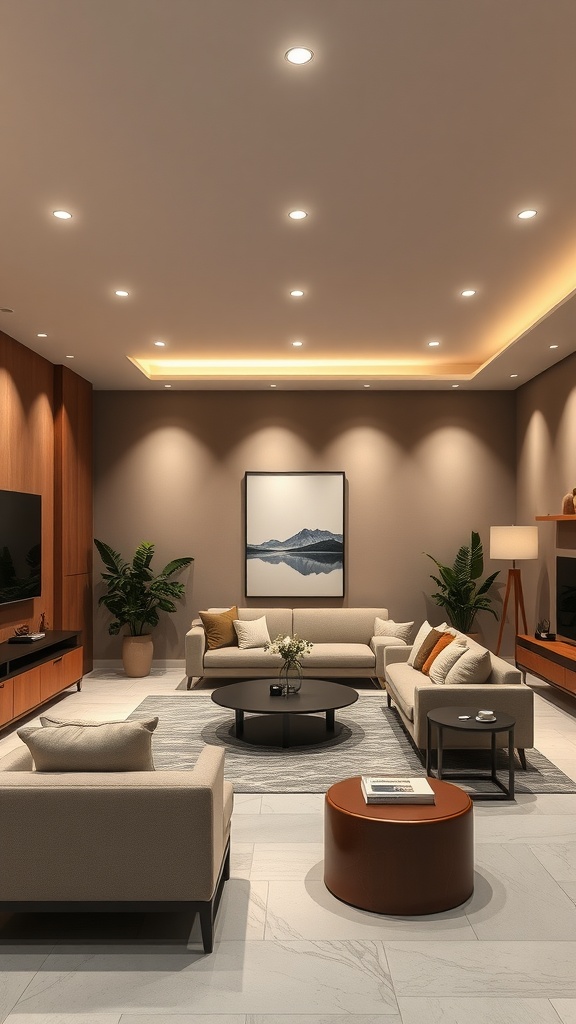 Modern living room with recessed lighting, featuring elegant furniture and decor