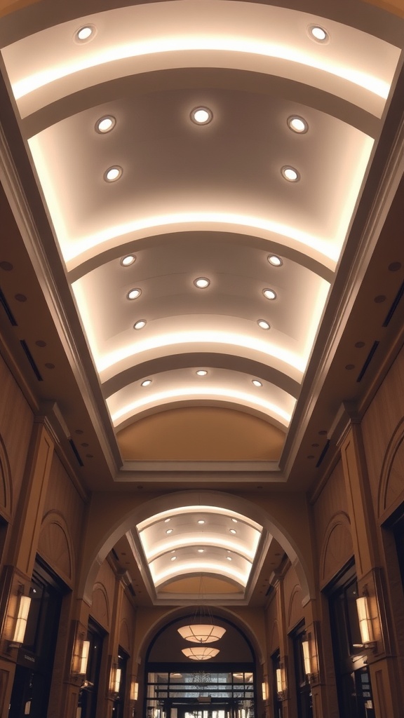 Recessed lighting in a vaulted ceiling with a warm glow.