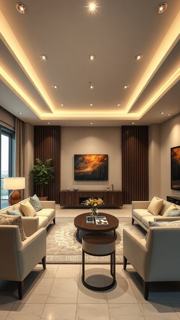 Elegant living room with recessed lighting and warm decor.