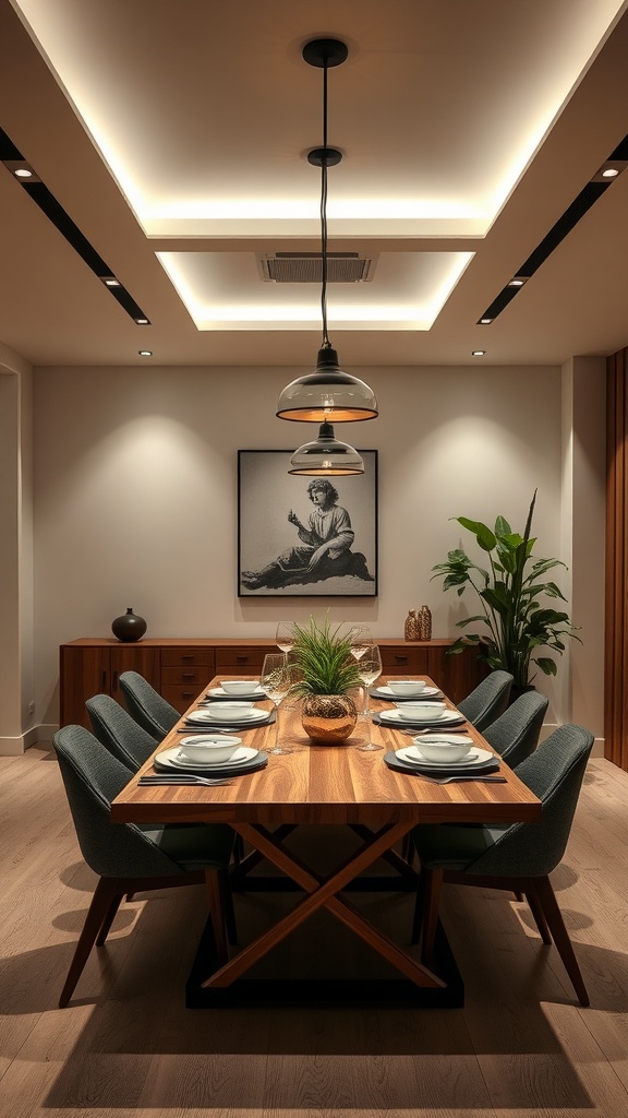 A modern dining room featuring recessed lighting and a stylish dining table with green chairs.