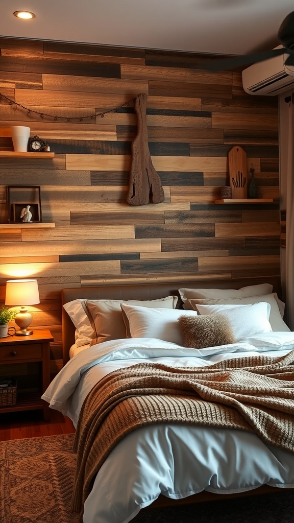 A cozy bedroom with a reclaimed wood accent wall, featuring a stylish bed with soft pillows and a warm throw.