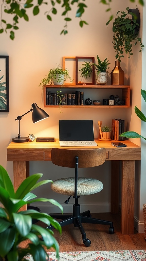 A cozy home office nook featuring a reclaimed wood desk, a laptop, a stylish lamp, and plants.