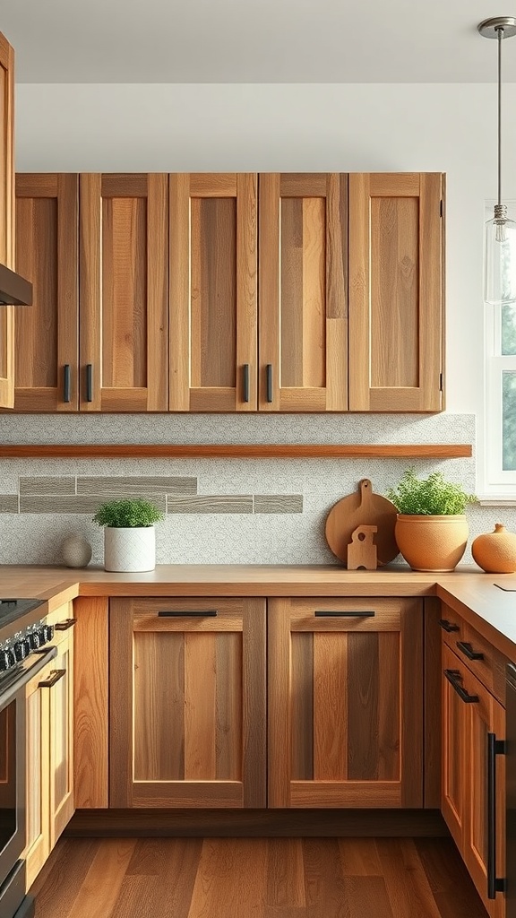 A kitchen featuring reclaimed wood cabinets with a warm finish, highlighting sustainability.