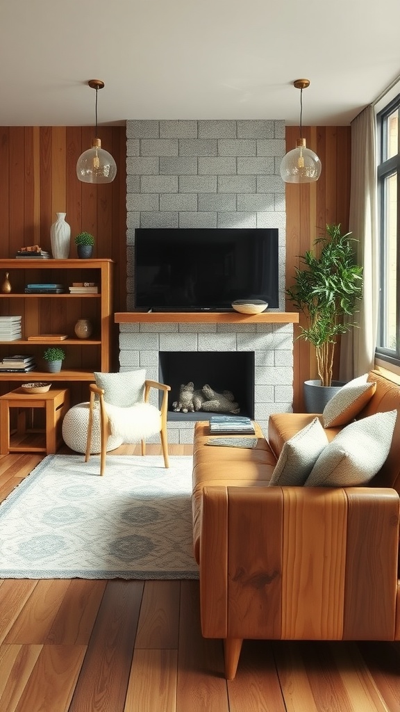 A cozy living room featuring reclaimed wood furniture, including a couch, shelves, and a coffee table, set against a rustic background.