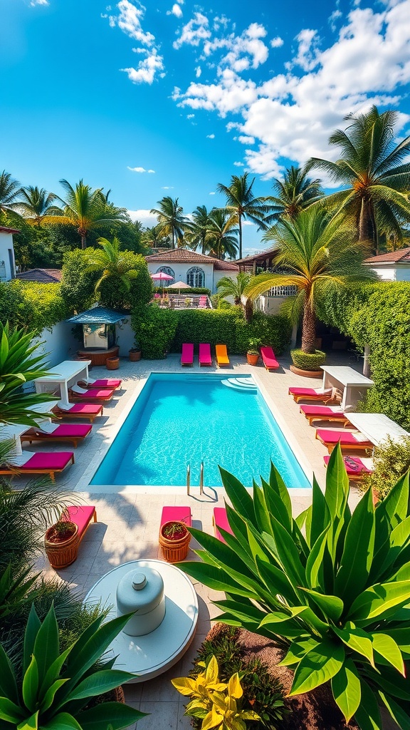 A rectangular swimming pool surrounded by lush greenery and colorful lounge chairs.