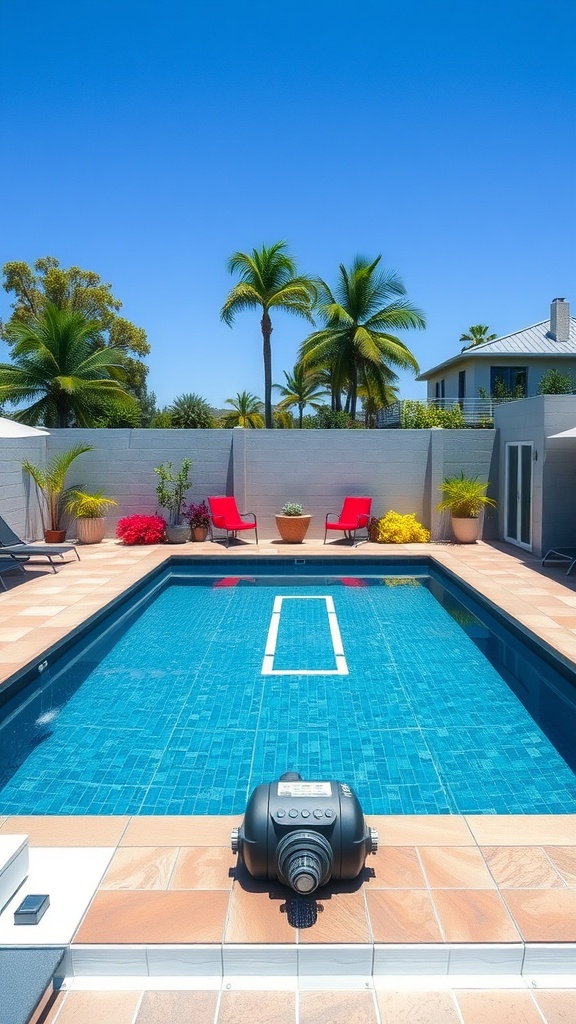 A rectangular swimming pool with a filter, surrounded by plants and lounge chairs under a clear blue sky