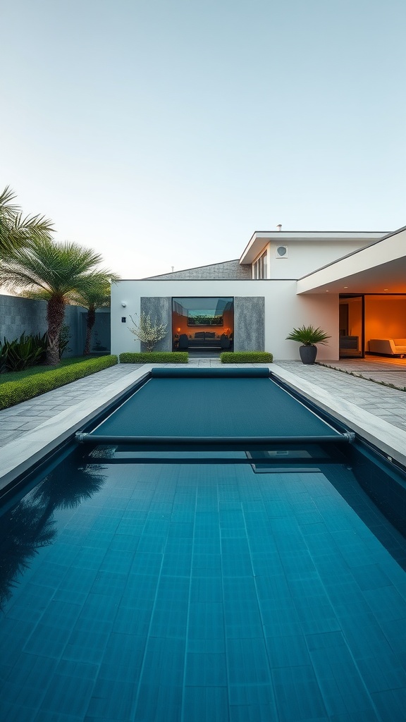 A rectangular pool with a retractable cover, surrounded by modern landscaping in a small backyard.