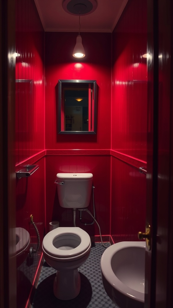 A small bathroom with red walls, featuring a toilet, bidet, and a mirror.