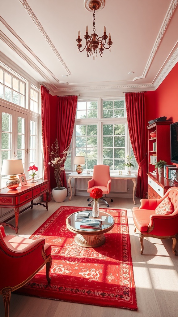 A vibrant home office featuring red and white decor, large windows, and elegant furniture.