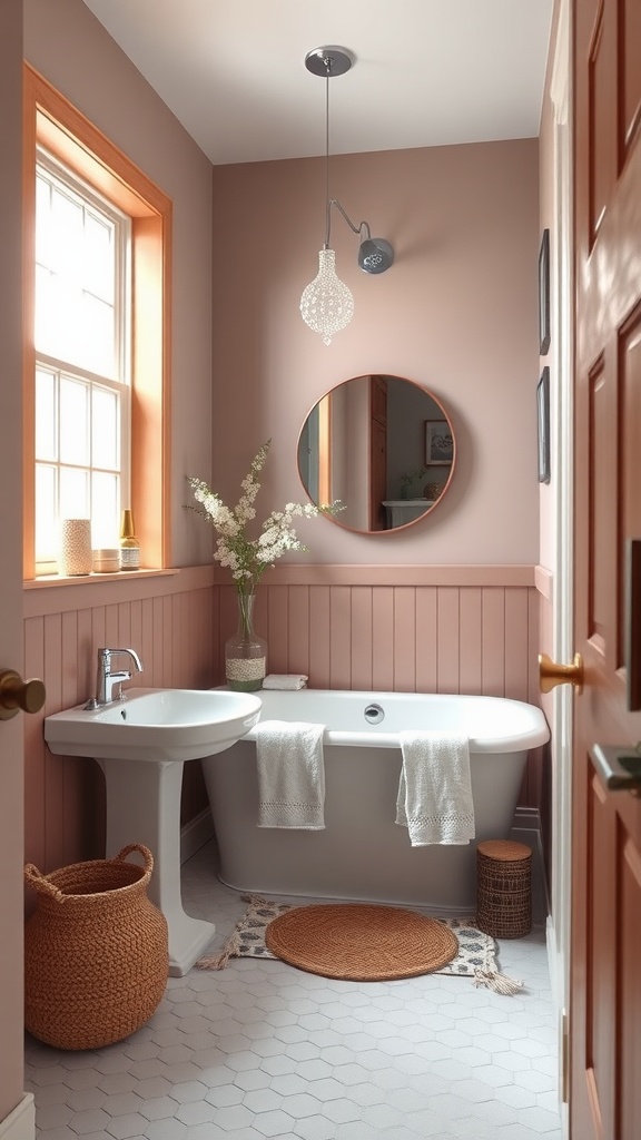 A cozy bathroom painted in Redend Point by Sherwin-Williams, showcasing a warm earthy pink tone with modern decor.