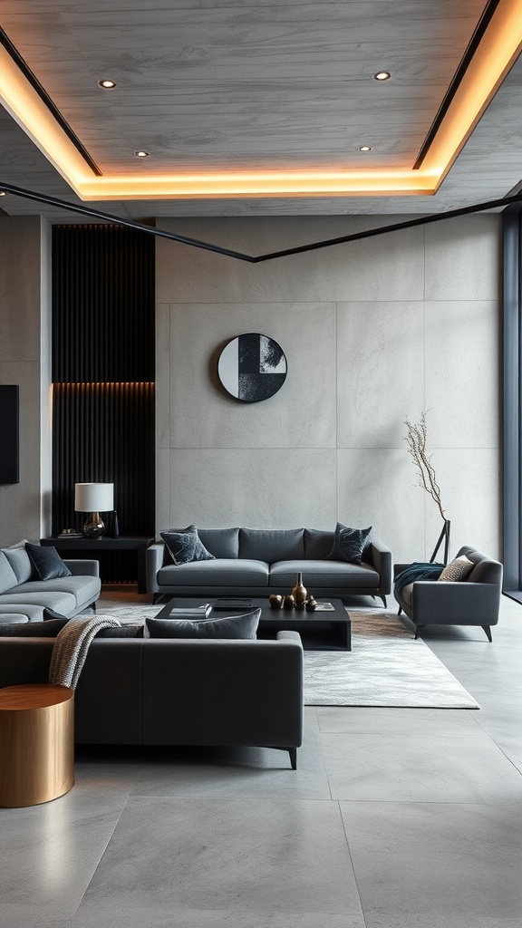 A minimalist living room featuring concrete walls, velvet sofas, and modern lighting.