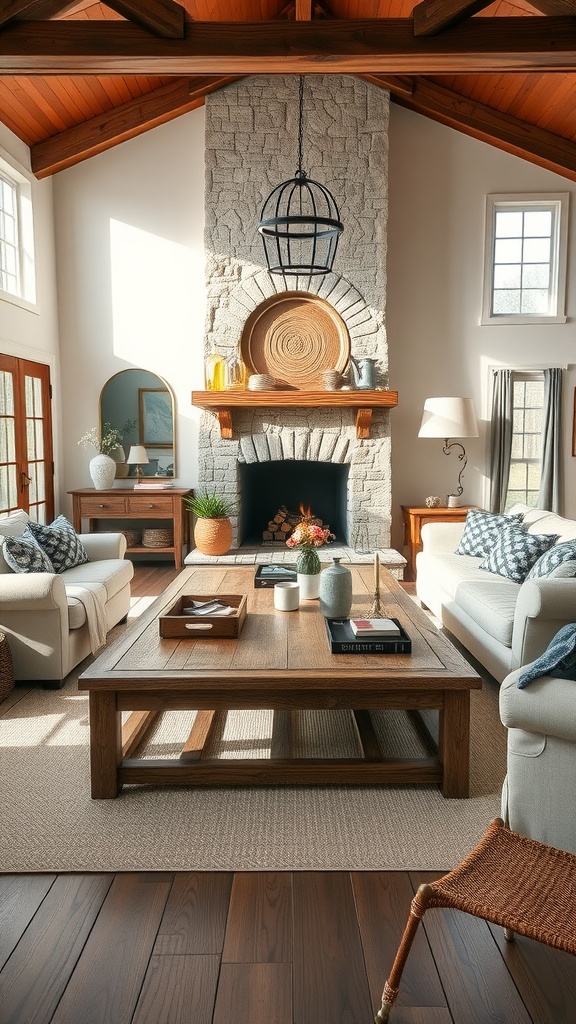 A refined rustic farmhouse living room featuring a stone fireplace, wooden beams, and light-colored furniture.