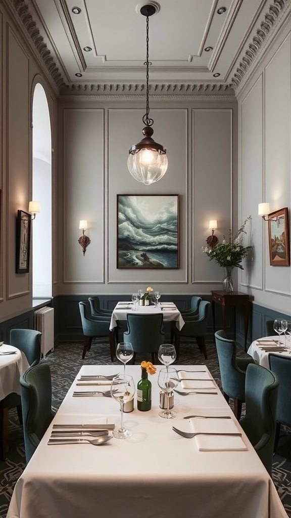 An elegant dining room in Trieste featuring a chandelier, round tables with white linens, and artwork on the walls.