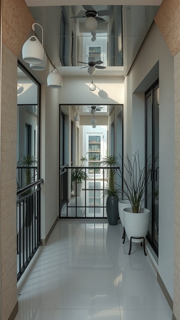 A small balcony with reflective ceiling and modern decor, featuring plants and stylish lighting.