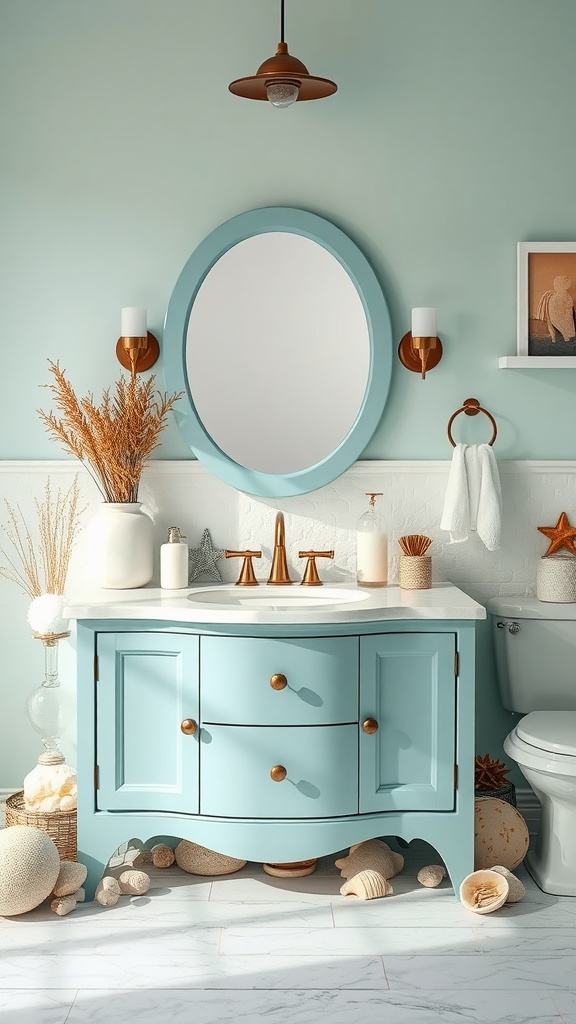 Aqua bathroom vanity with round mirror, brass fixtures, and coastal decor